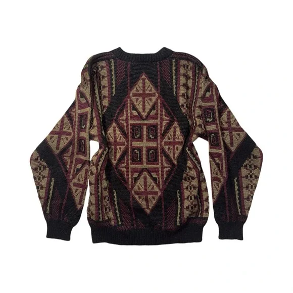 AMFK Co Moda Burgundy Brown Geometric Leather Patch Grandpa Sweater Sz L VTG 80s - Picture 2 of 6